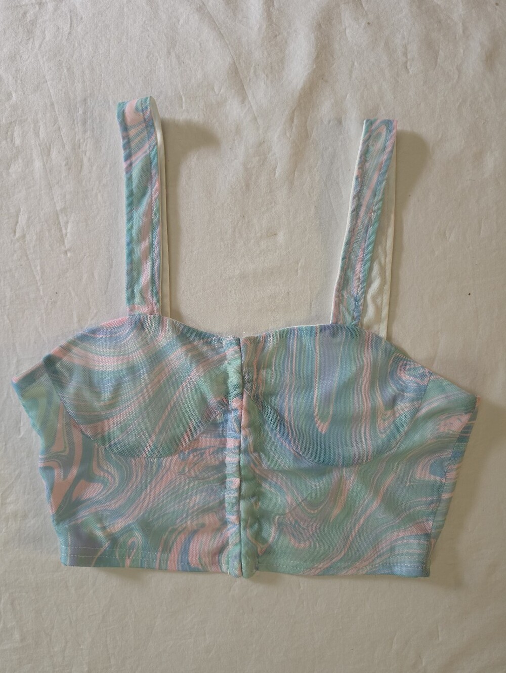 Fiestar Y2K Pastel Swirl Mesh Crop Top Hook and Eye Front Bustier Small